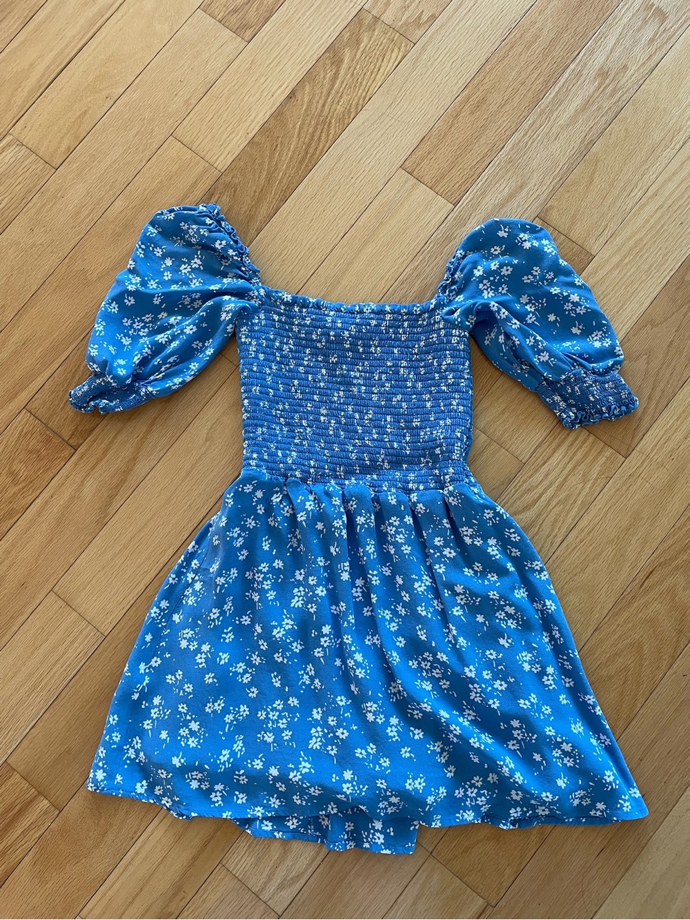 Reformation Blue Floral Smocked Puff-Sleeve Kids Dress